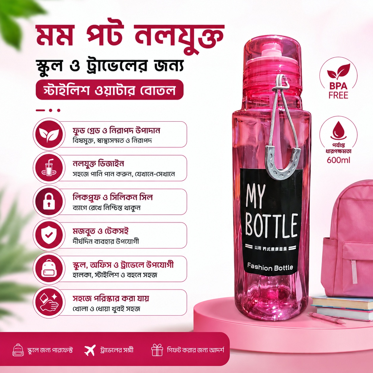 Mom pot নলযুক্ত, স্কুল ও ট্রাভেলের জন্য স্টাইলিশ ওয়াটার বোতল (500ml, BPA Free)